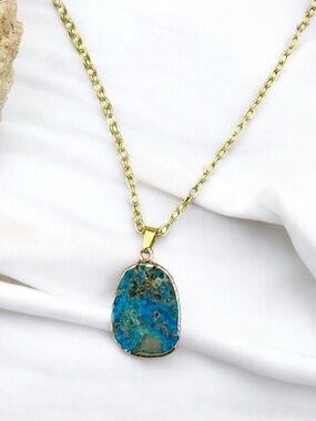 18K Gold Blue Agate Necklace New (plated)